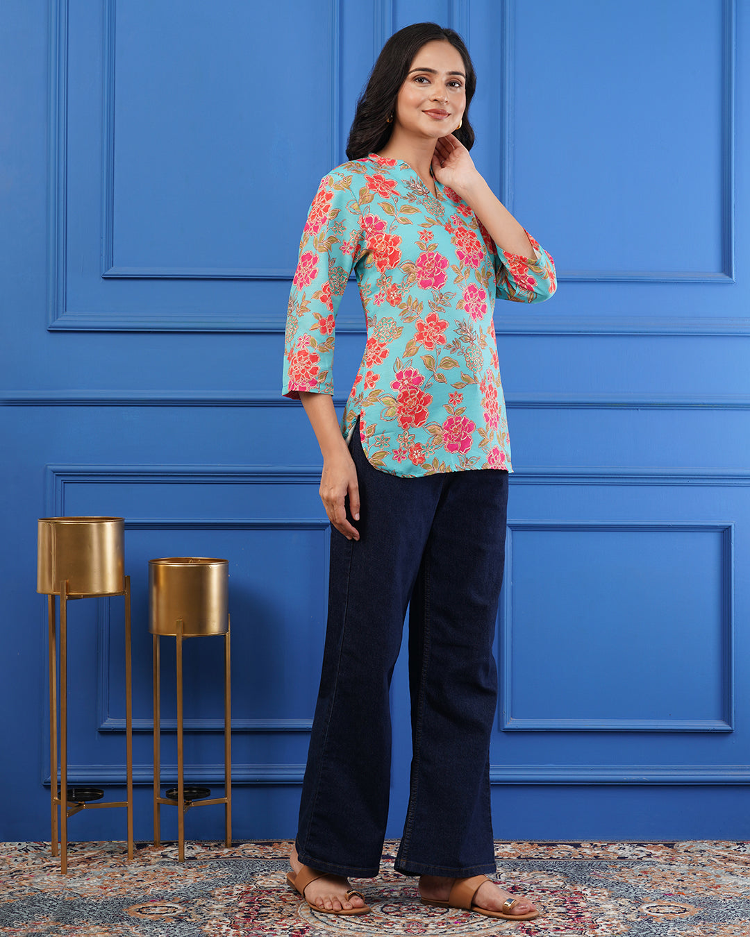 Women’s Aqua Blue Floral Printed Cotton Top with 3/4 Sleeves