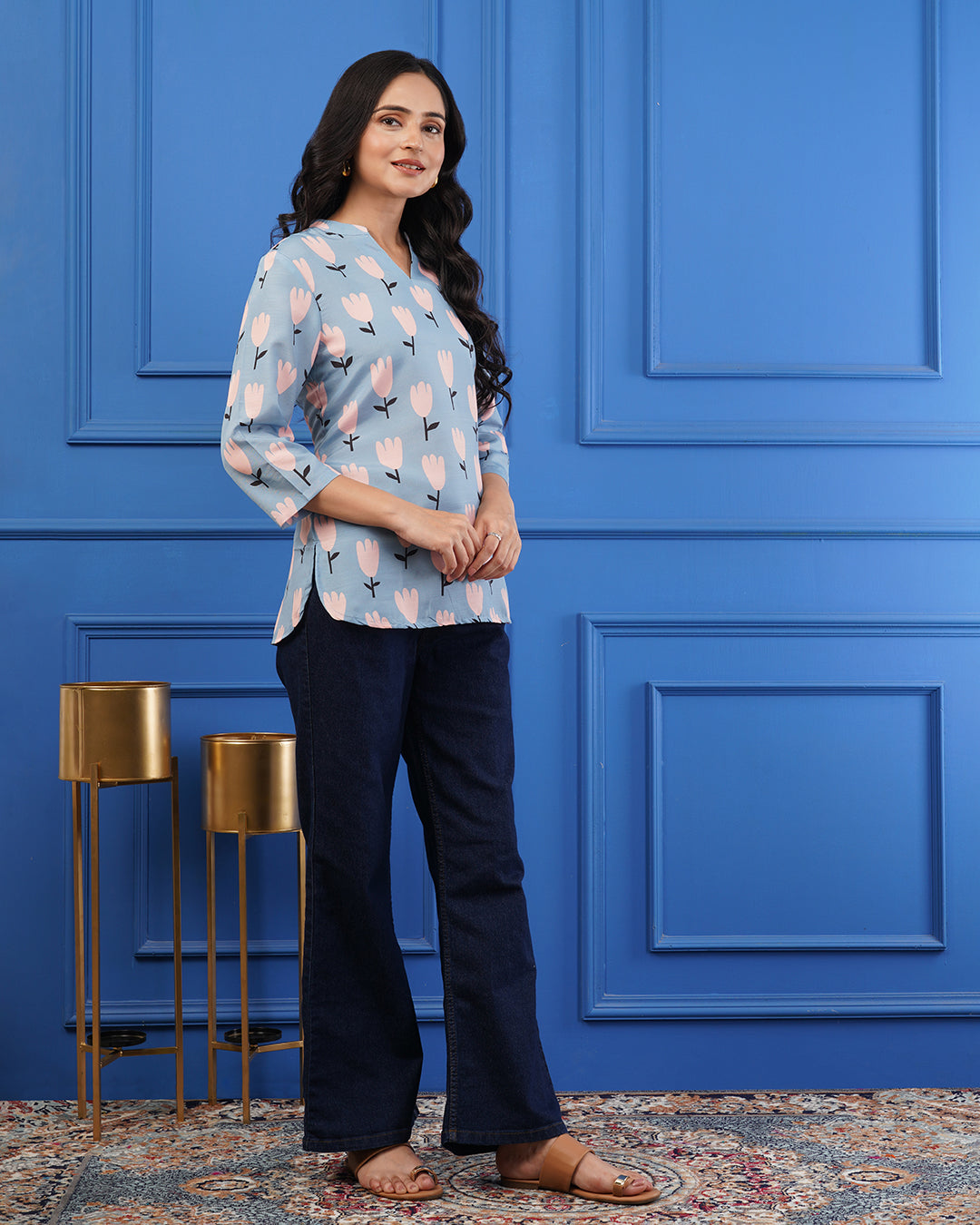 Women’s Light Blue Cotton Top with Pink Tulip Print & 3/4 Sleeves