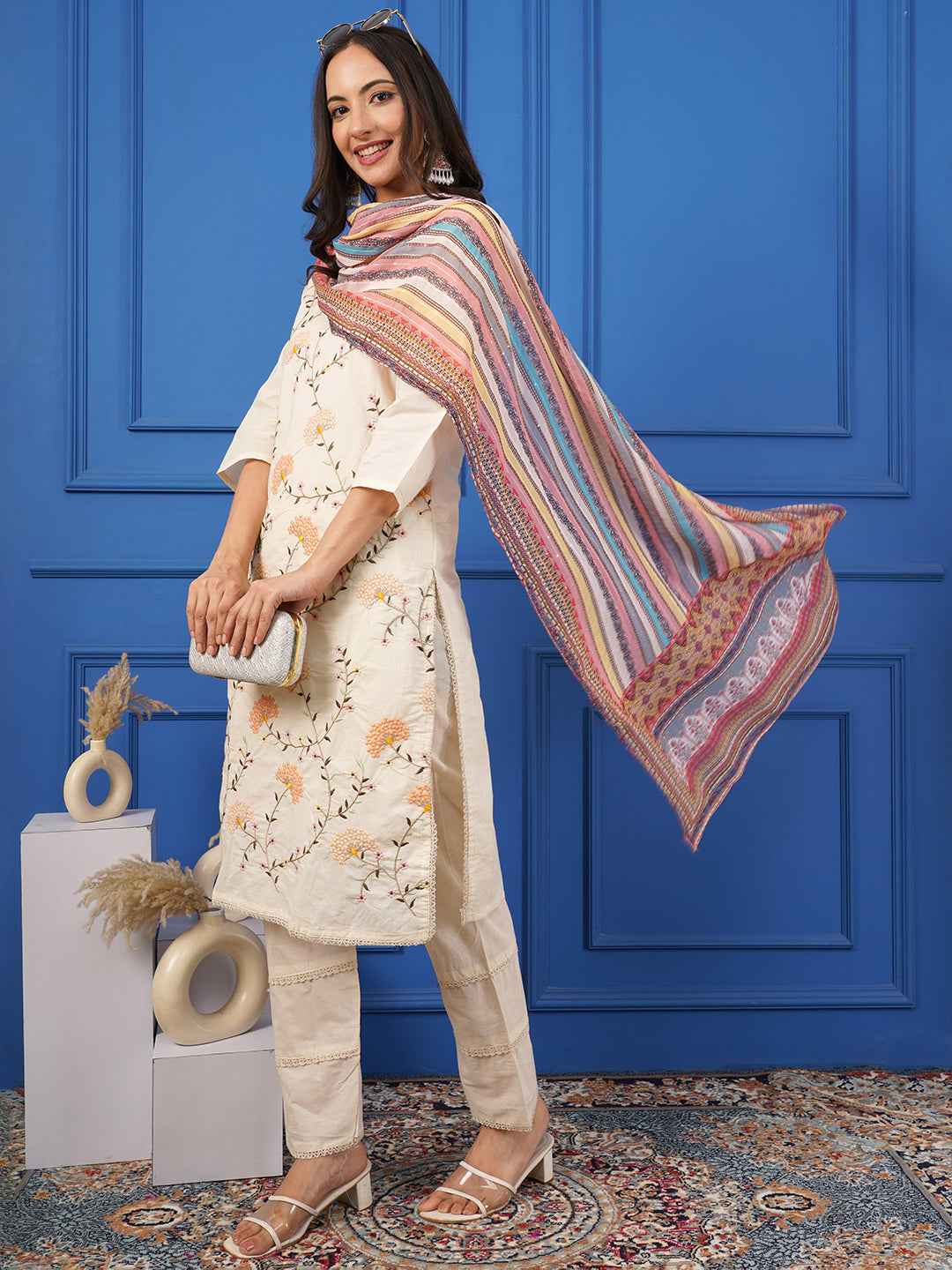 Women's Cream Embroidered Straight Kurta Set with Pants