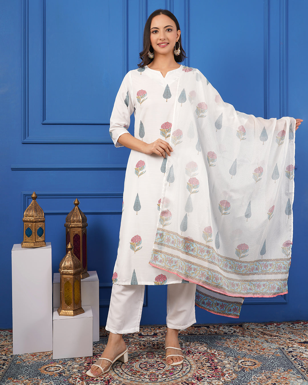 White Cotton Printed Kurta with Pants & Dupatta Set for Women