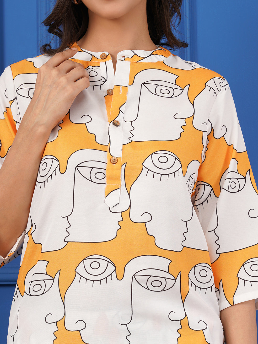 Women’s Abstract Face Print Co-ord Set – Shirt & Pants (Orange & White)