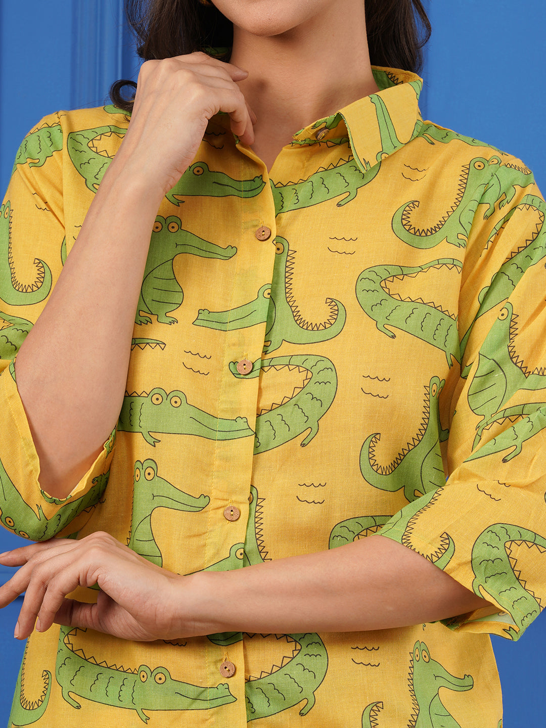 Women’s Yellow Cartoon Crocodile Print Co-ord Set – Shirt & Pants