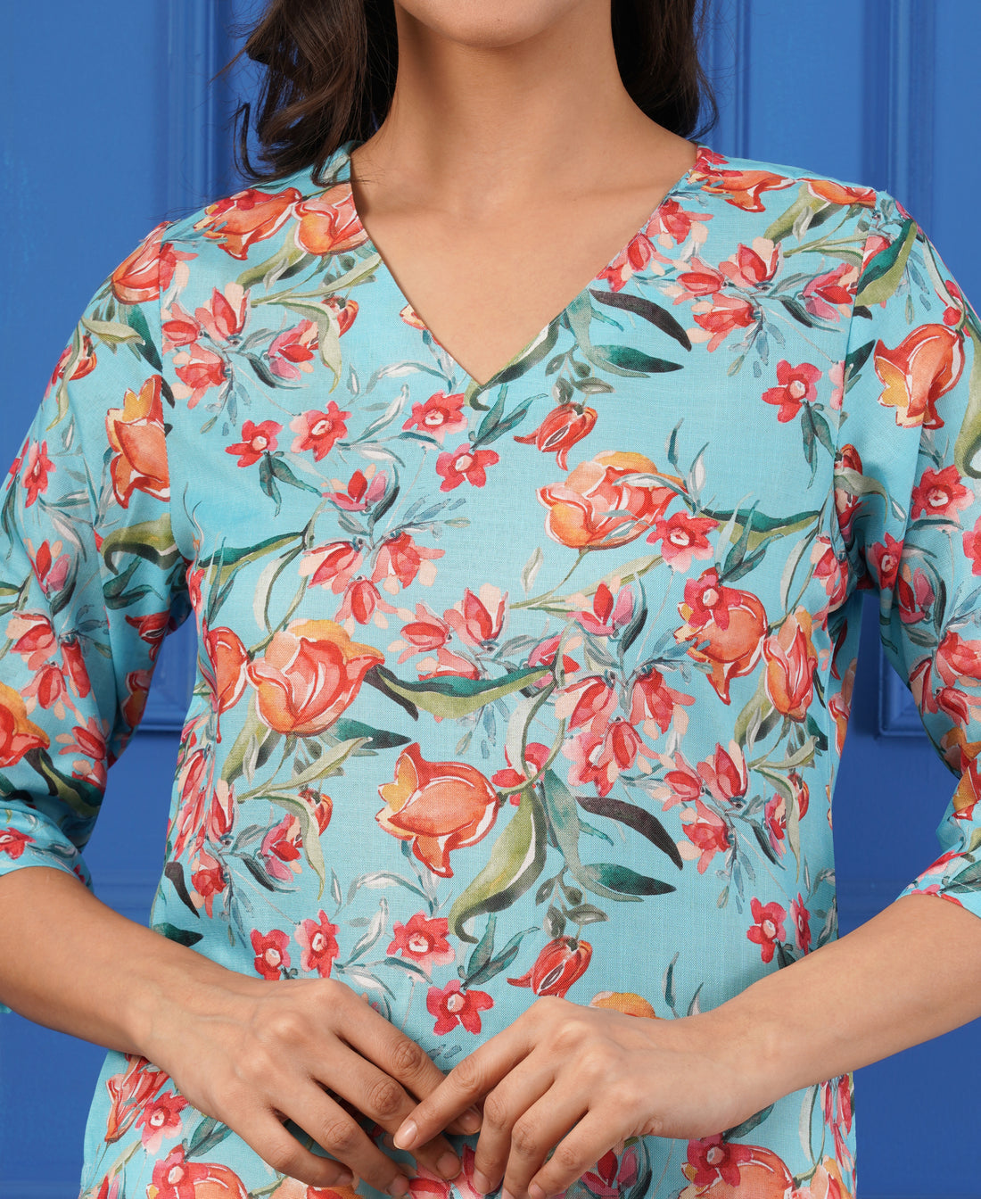 Women’s Aqua Blue Floral Printed Cotton Kurta