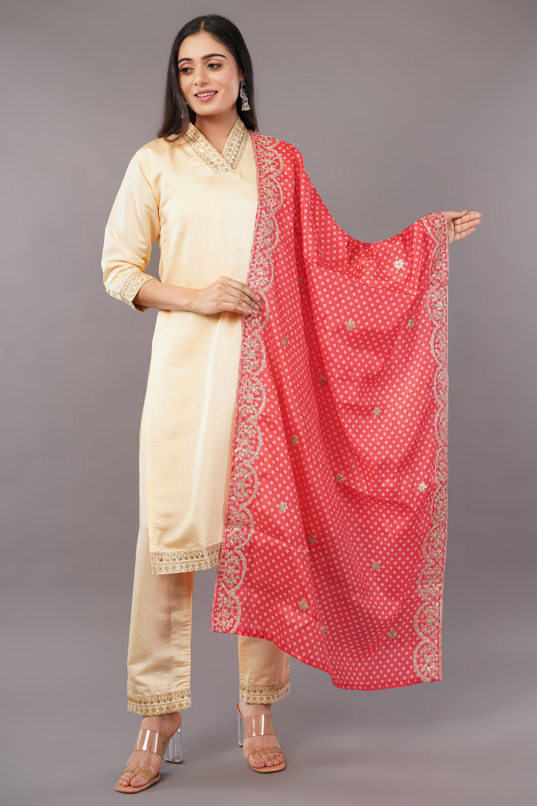 Elegant Beige Kurti Set with Embroidered Red Dupatta