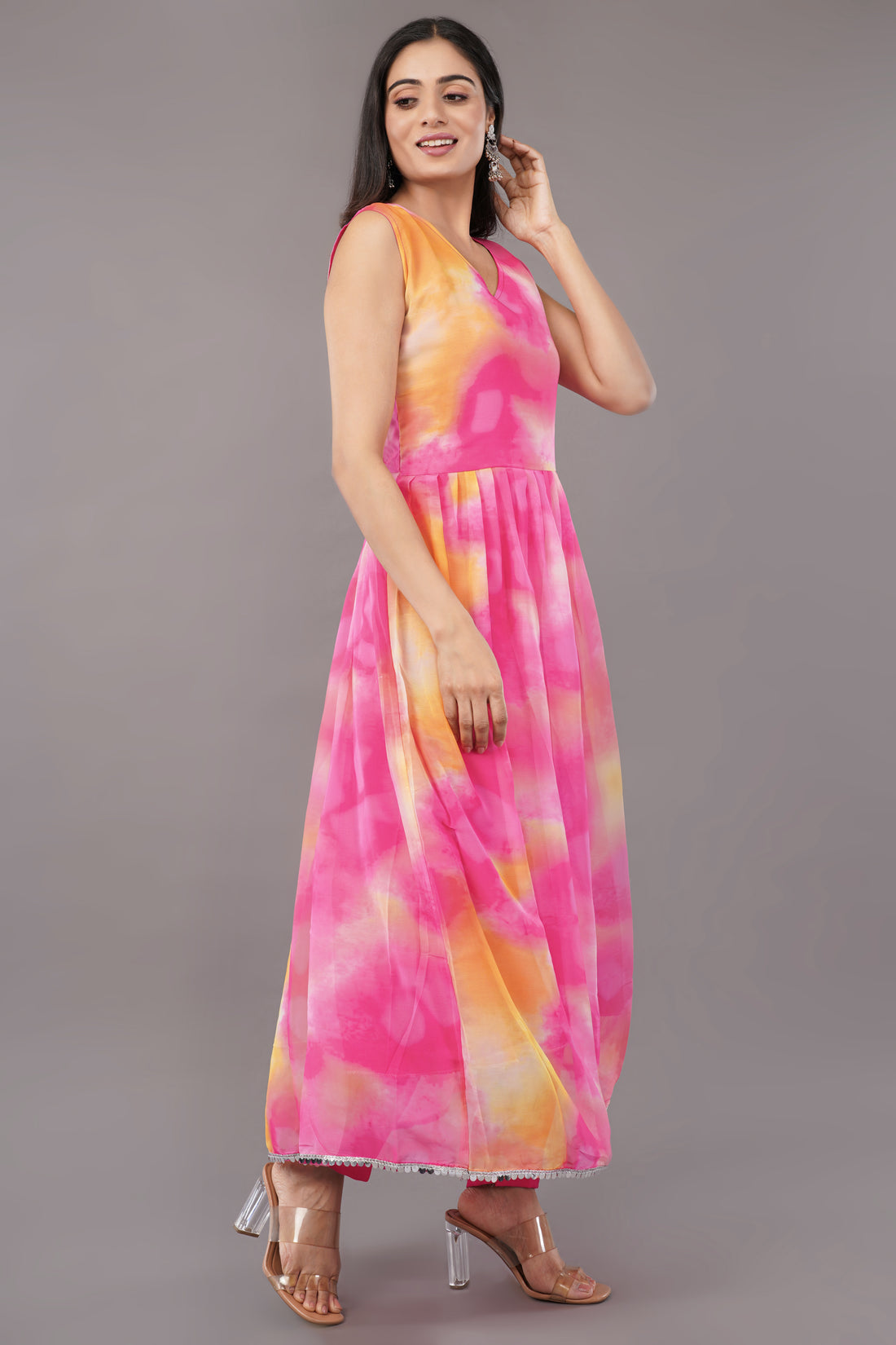 Vibrant Pink and Orange Tie-Dye Anarkali Kurti Set with Dupatta