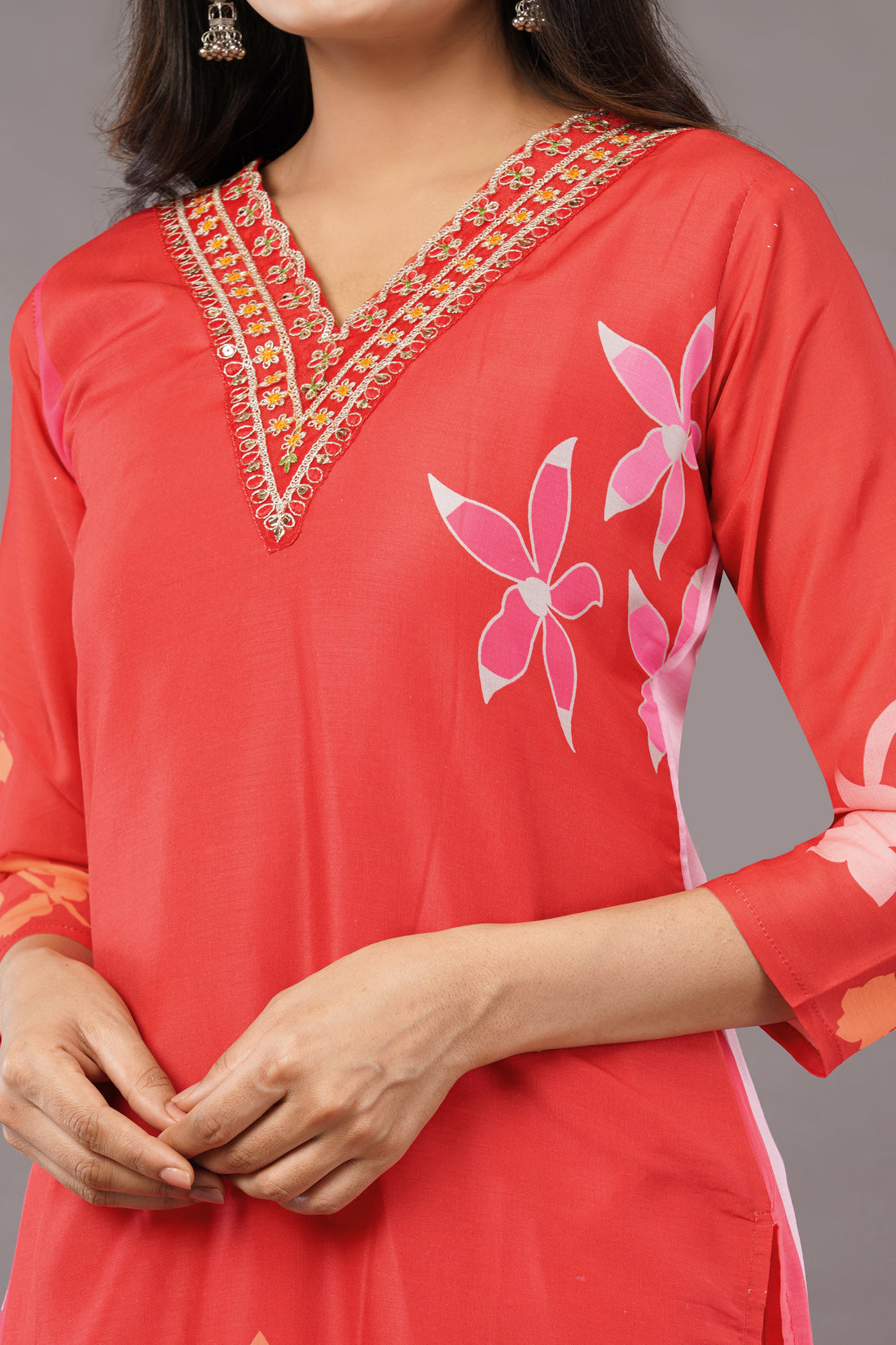 Vibrant Red Floral Kurti Set with Sheer Embroidered Dupatta