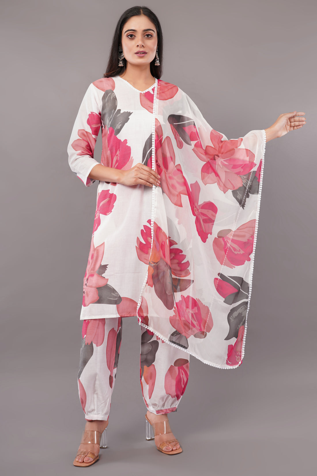 Chic White Floral Printed Kurti Set with Matching Dupatta