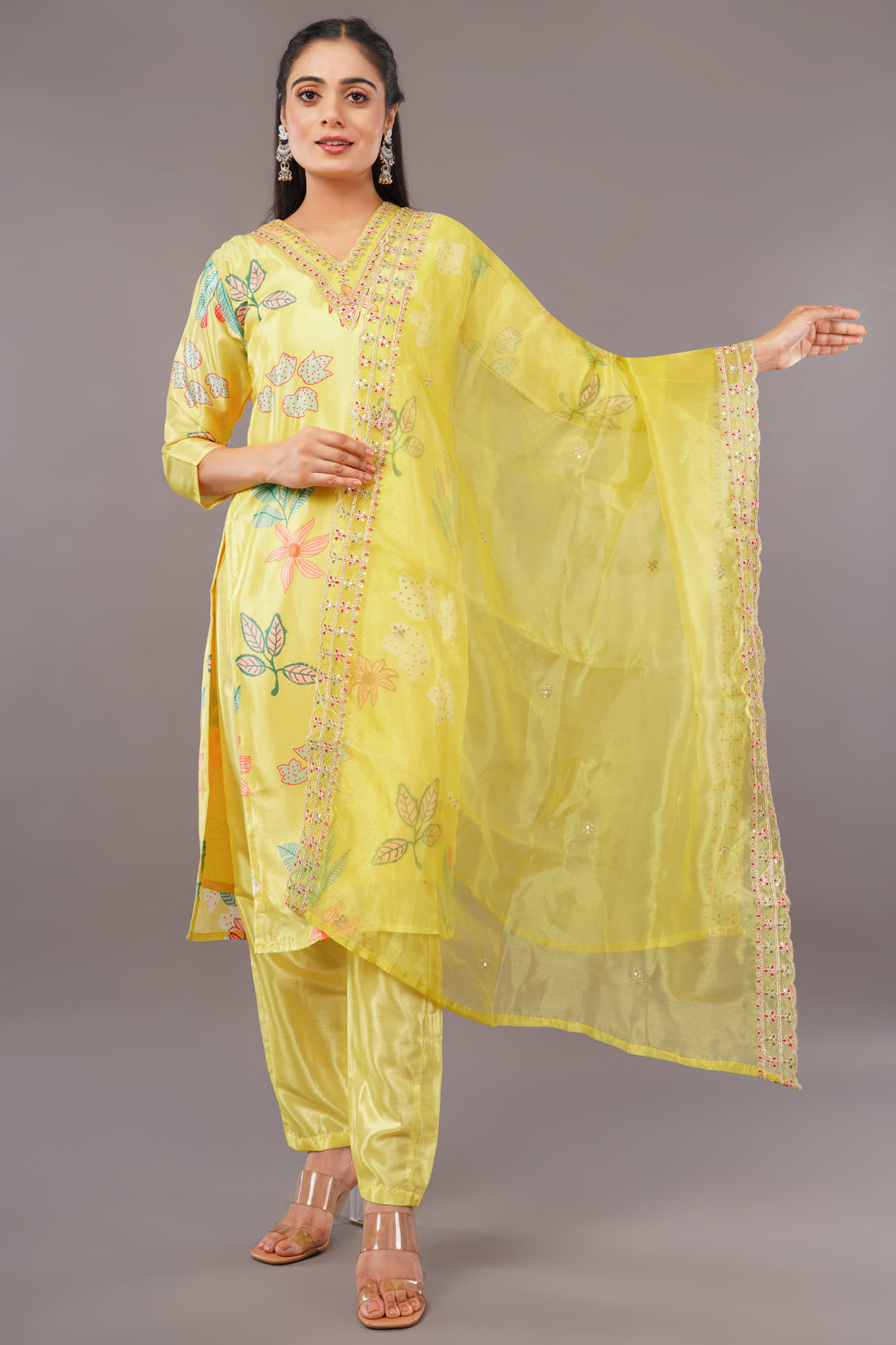 Radiant Yellow Floral Silk Kurti Set with Embroidered Dupatta