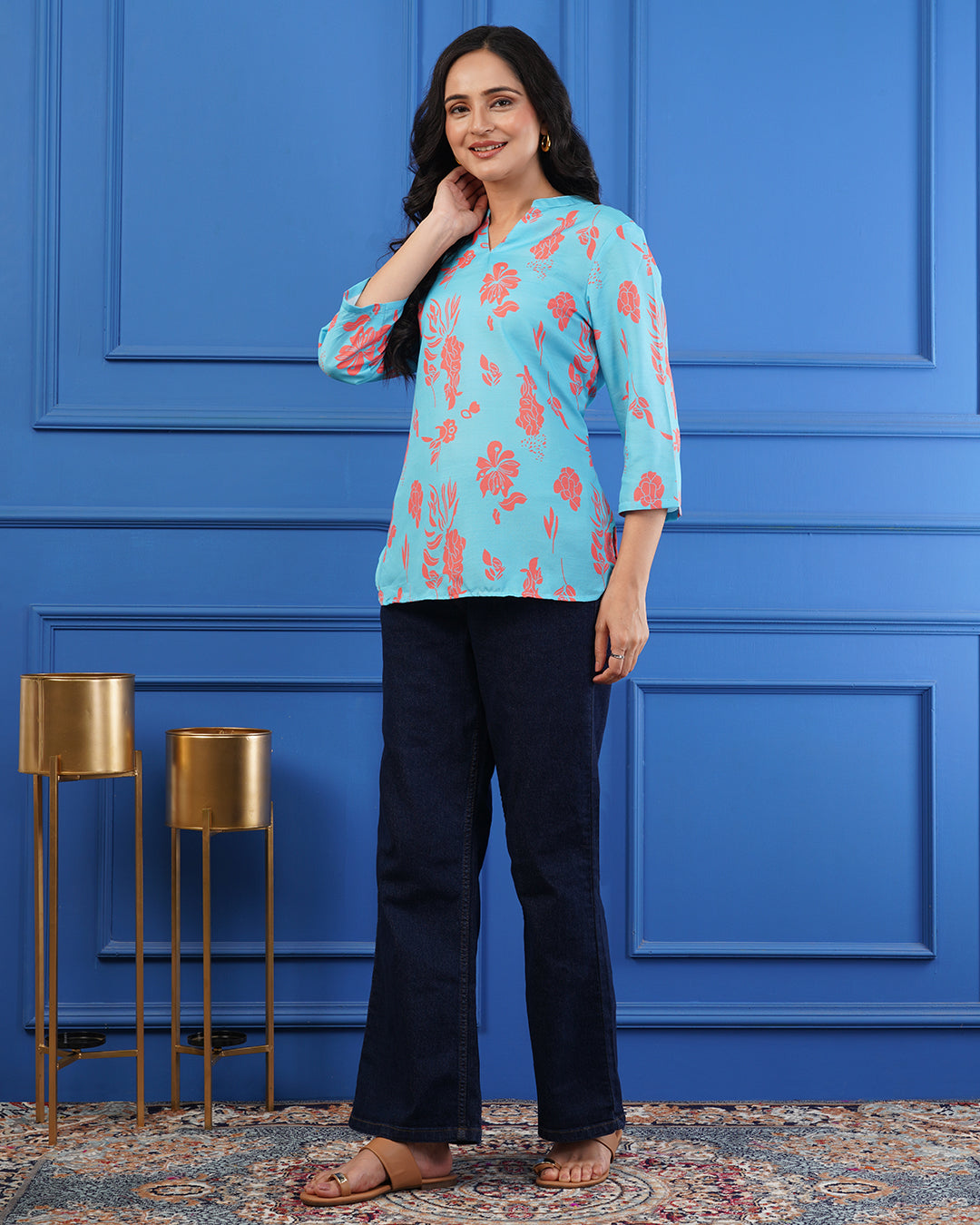 Women’s Aqua Blue Floral Printed Cotton Top with 3/4 Sleeves