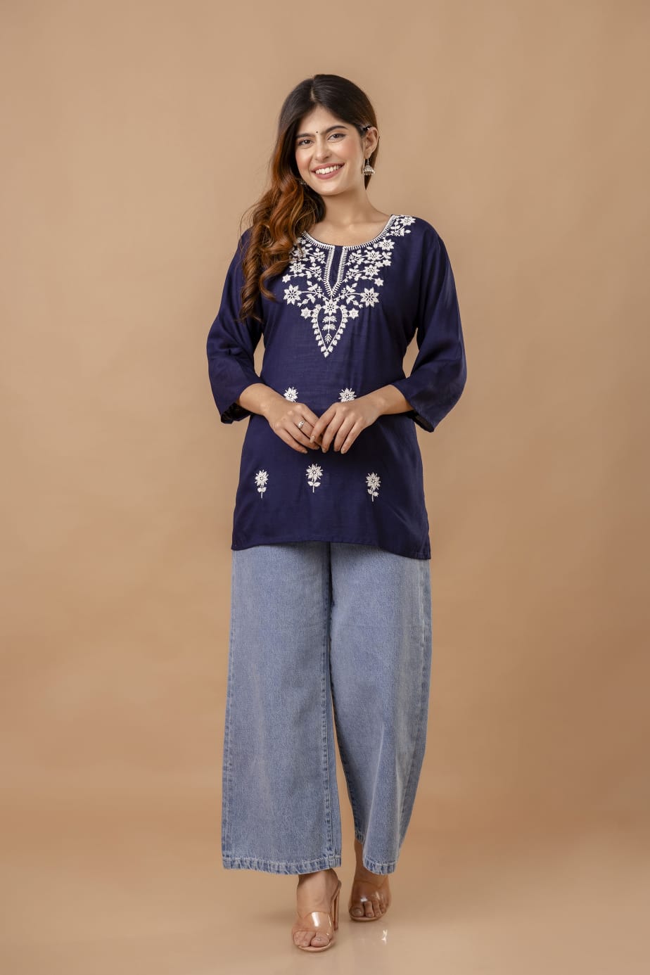 Navy Blue Cotton Kurti with White Floral Embroidery