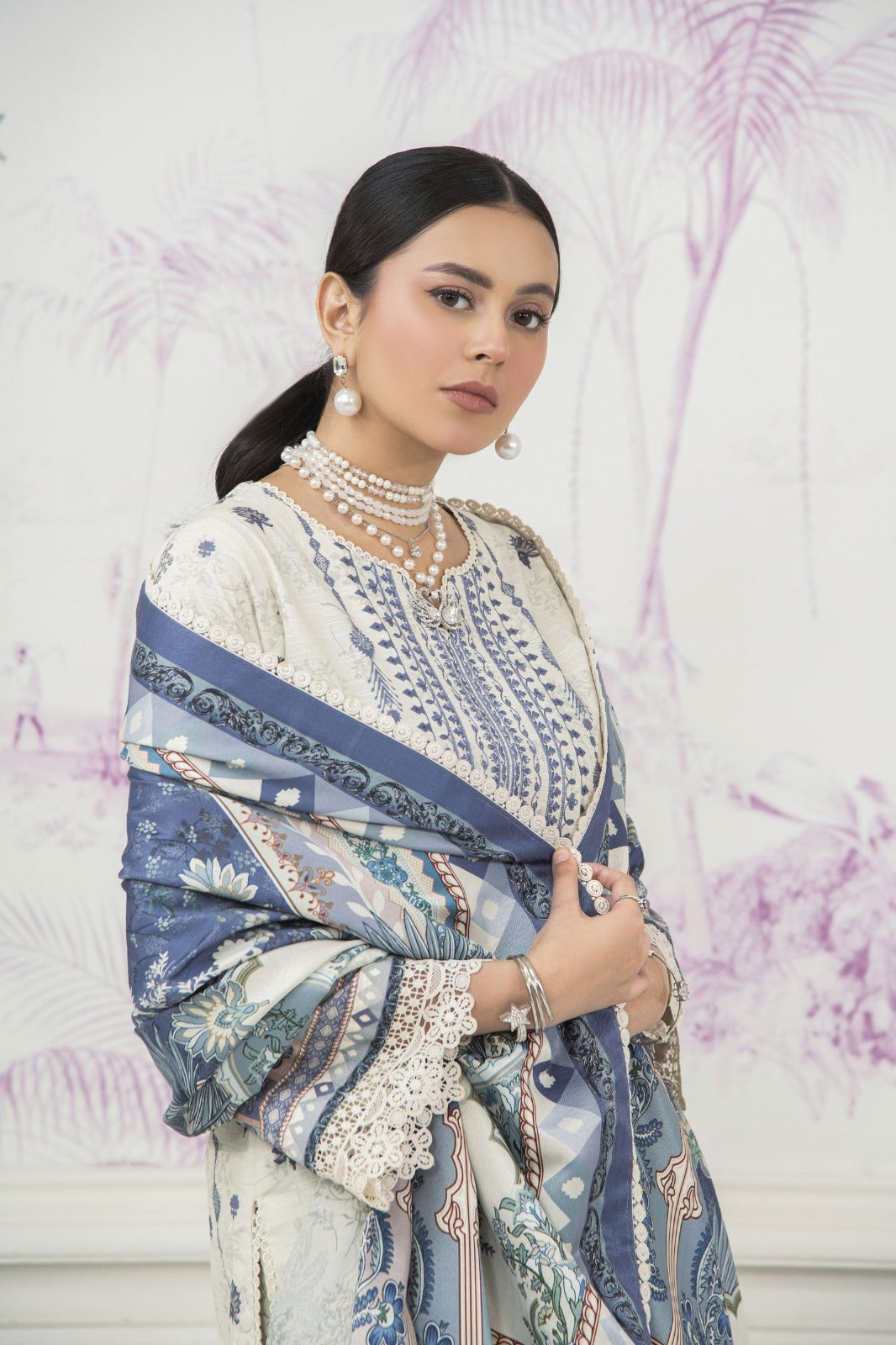 Regal Cream & Blue Printed Ethnic Kurti Set with Dupatta